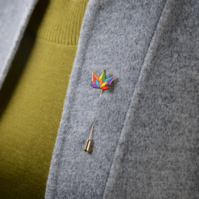 Rainbow Leaf Stick Pin Gold Plated Subtle Nature Floral Maple Canada Wedding Minimalist LGBT Gay Pride Accessory Geometric Lapel Hat Badge image 1