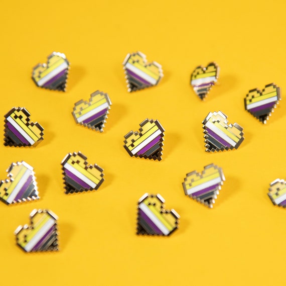 Non-Binary Pixel Pride Heart Pins