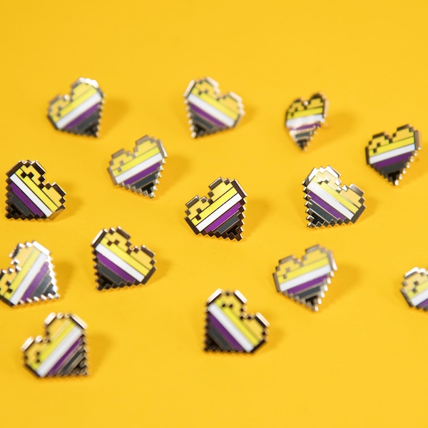 Non-Binary Pride Heart Pins — Subtle LGBT Flag Badge Valentines Gift Queer Button Sticker Trans Transgender NB Enby Gender Pronoun They Them