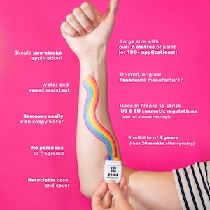 May include: A rainbow-colored paint design on an arm, with a white container held below. The container has the text "THE PIN PRICK" and is against a bright pink background. Text on the image highlights features like water resistance and easy removal.