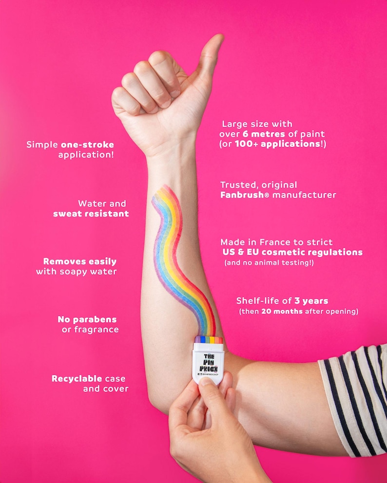 May include: A rainbow-colored paint design on an arm, with a white container held below. The container has the text "THE PIN PRICK" and is against a bright pink background. Text on the image highlights features like water resistance and easy removal.