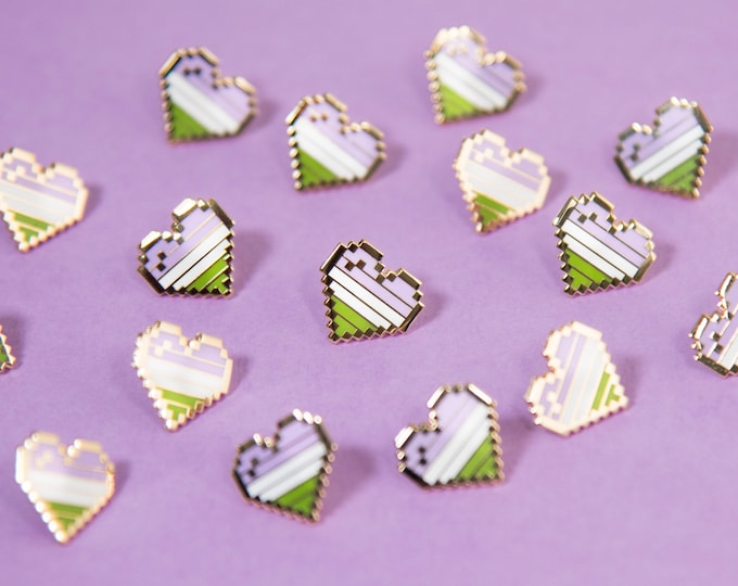 Genderqueer Pixel Pride Heart Pins
