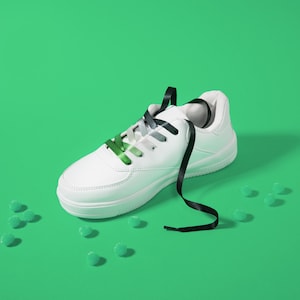 May include: A white sneaker with a green, gray, and black ribbon lace design. The laces are tied in a unique pattern. The shoe is on a green background with several small green circular objects scattered around it. The sneaker is a casual style.