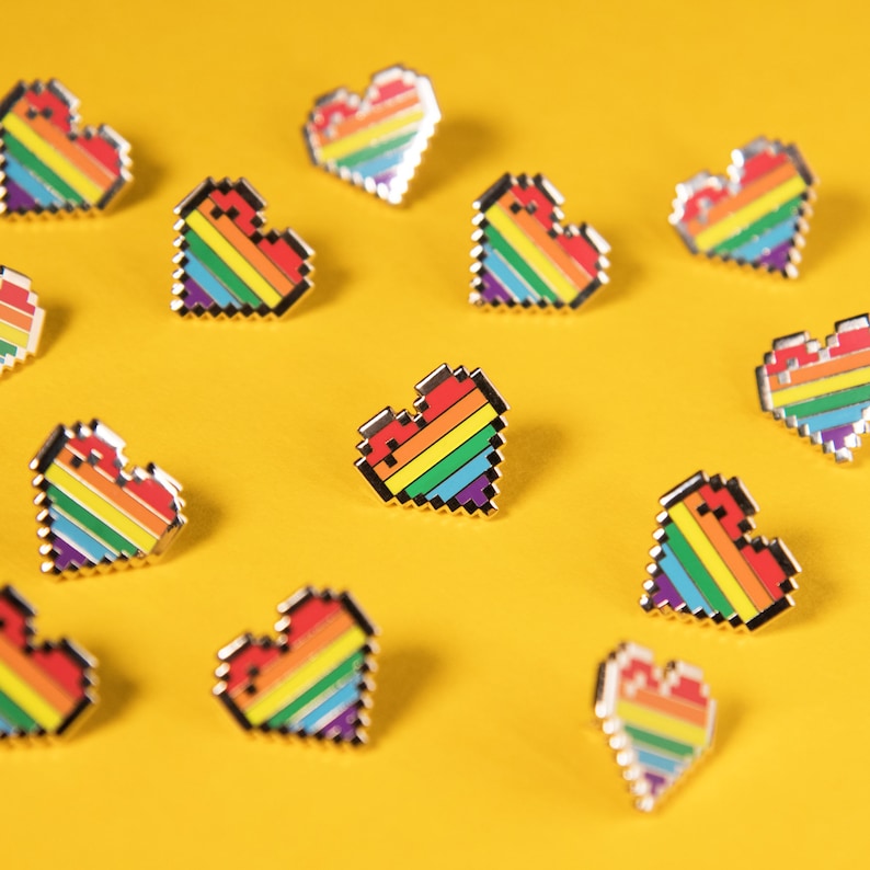 Pixel LGBT Pride Heart Pins Subtle Gay Rainbow Flag Badge Gaymer Personalised Valentines Gift Present Queer Card Sticker Bi Lesbian Love image 4