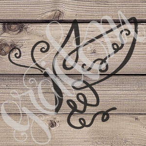 May include: A black and white butterfly design with intricate swirls and curves. The design is on a wood background.