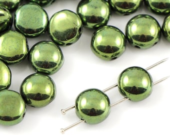 Candy™  Czech beads 2-hole 8 mm glass beads, round cabochon beads (30 pcs) luster green CHOOSE QUANTITY for discount