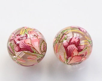 LAST 2 Tensha beads 14 mm, fleur-de-lis on transparent, handmade Japanese beads tensha, round beads, focal beads, 2/5/10 pcs