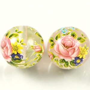 Cuentas Tensha de 14 mm, rosa sobre transparente, cuentas japonesas hechas a mano, tensha, cuentas redondas, cuentas focales, 2/5/10 piezas