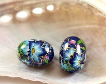 Tensha oval beads 10*14 mm, bluebell on blue, handmade Japanese beads tensha, oval beads, focal beads, 2/5/10 pcs