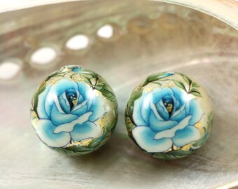 Tensha beads 14 mm, blue rose on pearl, handmade Japanese beads tensha, round beads, focal beads, 2/5/10 pcs