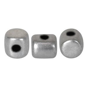 May include: Three silver metal beads with a black hole through the center. The beads are square, round, and square.