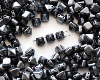 25-200 pcs Pyramid beads, Czech glass beads 6 mm, square shaped beads, Black full hematite 2-hole beads, CHOOSE QUANTITY for discount