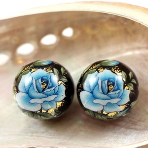 ÚLTIMAS 3 cuentas Tensha de 14 mm, rosa azul sobre negro, cuentas japonesas tensha hechas a mano, cuentas redondas, cuentas focales, 2/5/10 piezas