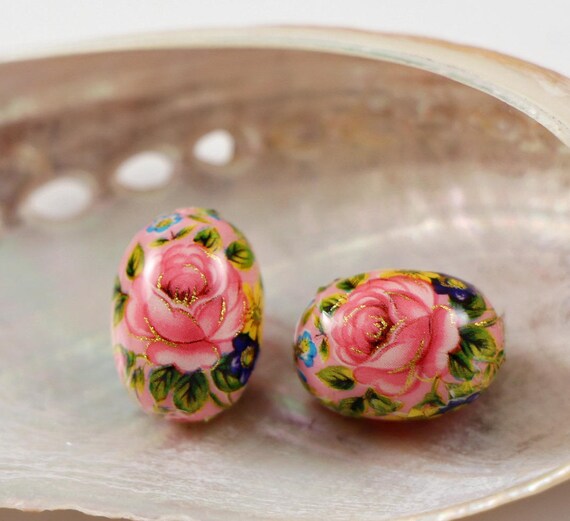 Tensha Oval Beads 10*14 Mm, Flowers on Pink, Handmade Japanese 