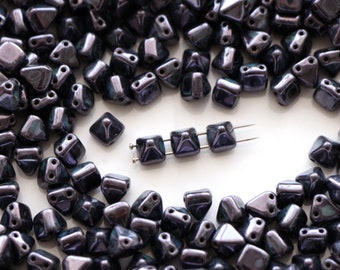 25-200 pcs Pyramid beads, Czech glass beads 6 mm, square shaped beads, Black opaque blue 2-hole beads, CHOOSE QUANTITY for discount