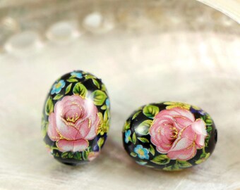 Tensha oval beads 10*14 mm, flowers on black, handmade Japanese beads tensha, oval beads, focal beads, 2/5/10 pcs