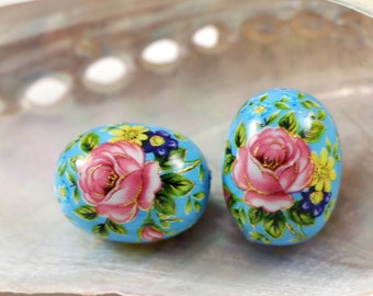 LAST 4 Tensha oval beads 16*12 mm, pink rose on turquoise, handmade Japanese beads tensha, oval beads, focal beads, 2/5/10 pcs