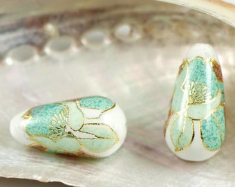Tensha beads teardrop 18*10 mm,  flowers on white, handmade Japanese beads tensha, drop beads, focal beads, 2/5/10 pcs