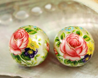 LAST 3 Tensha beads 16 mm, flowers on pearl, handmade Japanese beads tensha, round beads, focal beads, 2/5/10 pcs