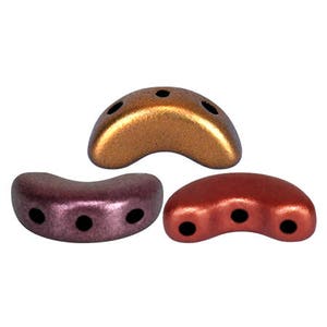 May include: Three half-round beads in different colors: gold, purple, and red. Each bead has three holes.
