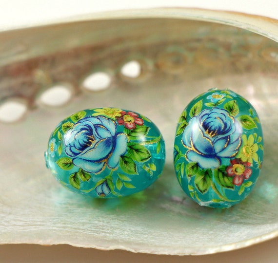 10mm Japanese Tensha Beads Round Beads Japanese Beads Focal Beads Decal Beads 2 pcs White Beads Navy Blue Rose
