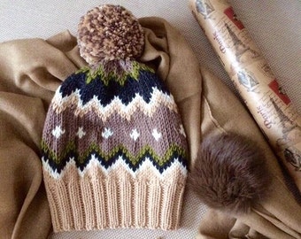 Fair Isle hat Pom Pom hat Chunky merino wool hat Fair Isle slouchy beanie Hand knit hat Winter Pom Pom hat Winter accessory Ski nordic hat