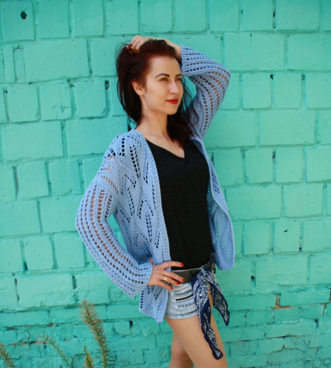 Blue Knitted Cotton Cardigan Oversized Loose Knit Cardigan - Etsy