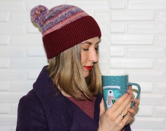 Pompom Merino Cashmere Knitted Hat Pompom Knit Colorful Beanie Hand Knit Wool Hat Winter Women Hat Gift for Her