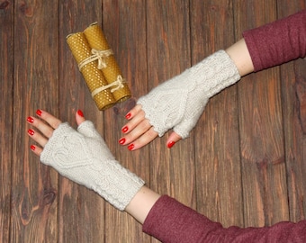 Hearts Fingerless Mittens Merino Wool Knitted Fingerless Gloves Warm Wool Beige Mittens With Heart Valentine's Day Gift for Her