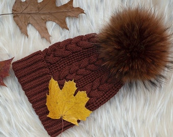 Real Fur Pompom Hat Wool Knitted Hat Fur Pompom Knit Beanie Hand Knit Merino Wool Hat Cable knit brown beanie
