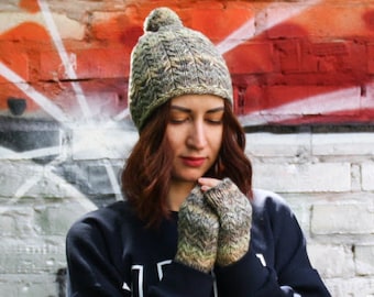 Knitted Set Merino Wool Pom Pom Hat and Fingerless Gloves Slouchy Beanie and Fingerless Mitts for Women Knit wrist warmers Gift Set for Her