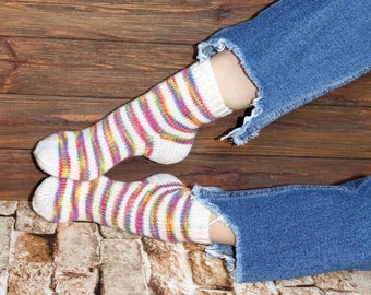 Merino Wool Coloured Women Socks Warm Casual Girl Boots Bright Socks Stripe Colorful Knit Leg Warmers Sneakers Socks Gift for Her