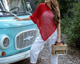 Asymmetrical red knit linen crop top Summer linen poncho Boho chic style Red sleeveless blouse Casual beach cover up Linen shirt Party wrap