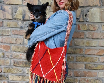 Women's Unique Red Cotton Shoulder Bag Style Boho Hippie Bag With Fringe Big Knit Tote Bag Casual shoulder Bag Cotton Beach Bag Gift Bag