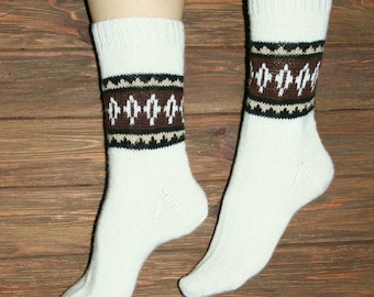 Women wool socks with ethnic design Fair isle hand knitted socks Knit women leg warmers Cozy knit accessories Gift for her Christmas gift