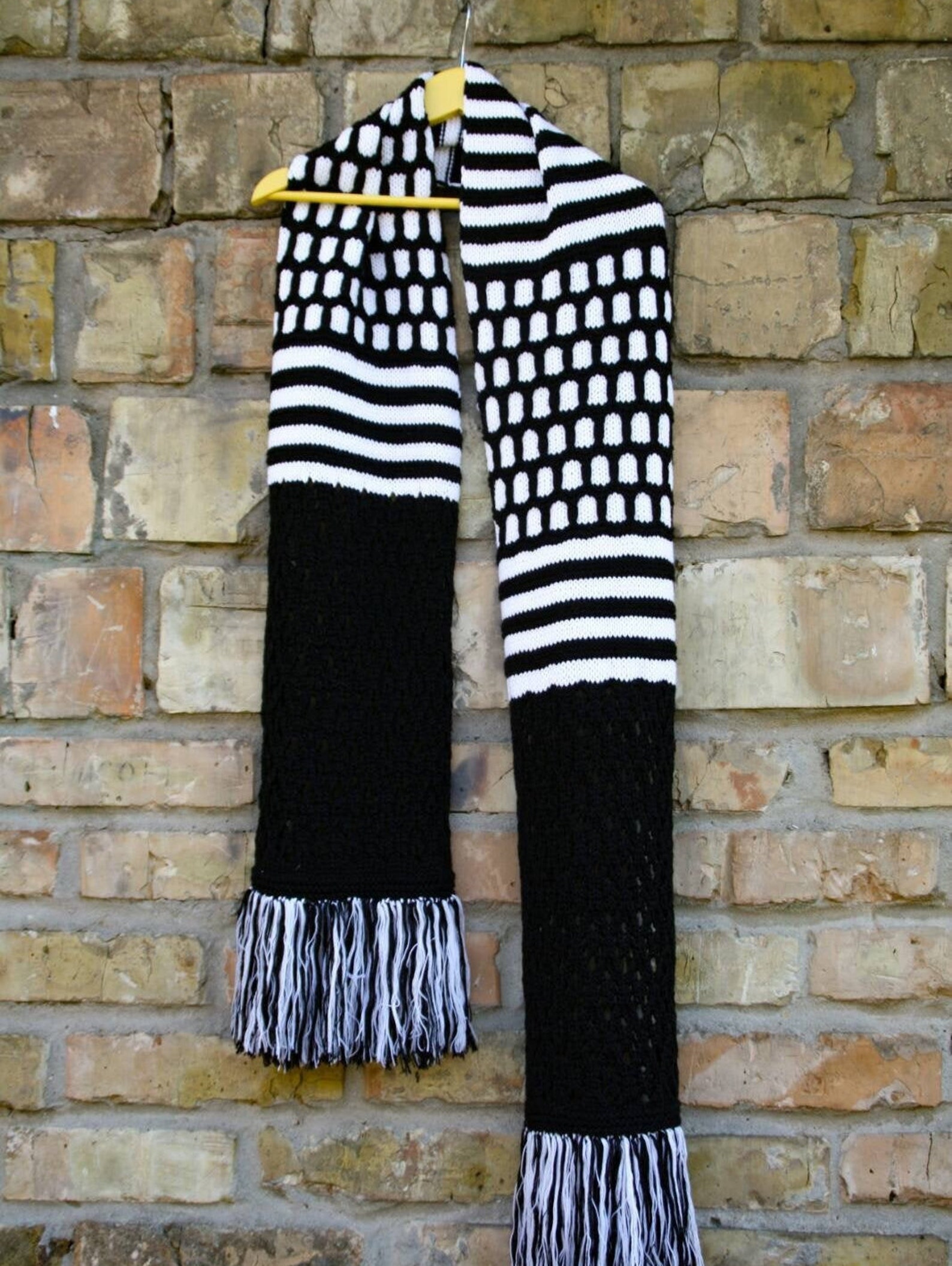 Black white long knit scarf Winter merino wool scarf with | Etsy