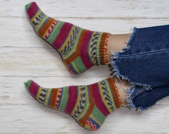 Multicolour hand knitted women socks Merino wool warm casual knit socks Women boot socks Colorful knit leg warmers Women boot socks