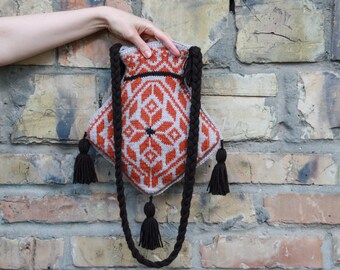 Women's Unique Small Crossbody Bag in Ethnic Style Boho Hippie Bag Hands Free Purse Knit Casual Shoulder Bag Fair Isle Knit Bag Gift Bag