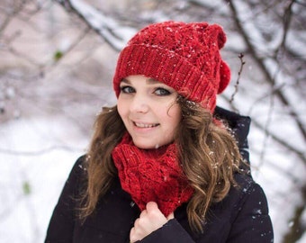 Red Pom Pom Beanie and Cowl Set, Knitted Set Hat and Cowl, Matching Hat and Cowl Set, Worm Cowl Hat Set, Winter Hat Set, Gifts for women