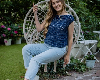 Blue melange knit crop top Summer cotton knit boho top Sleeveless boatneck blouse Swimsuit cover up Casual summer shirt Beach cover up