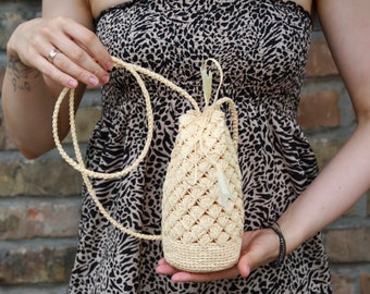 Wheat Color Crochet Raffia Small Crossbody Bag Hand Crafted Straw Shoulder Bag Hands Free Raffia Bag Small Walking Raffia Purse Gift Bag