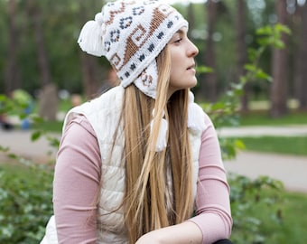 Peru Chullo Ear flap hat Winter women fancy hat Wool beanie Fair isle knit hat Tassels hat Christmas gift