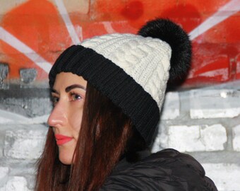 Black White Fur Pom Pom Merino Hat Cable Knit Wool Hat Real Fur Pom Pom Women Beanie Winter Women Hat With Fur Pom Pom Knit Accessories