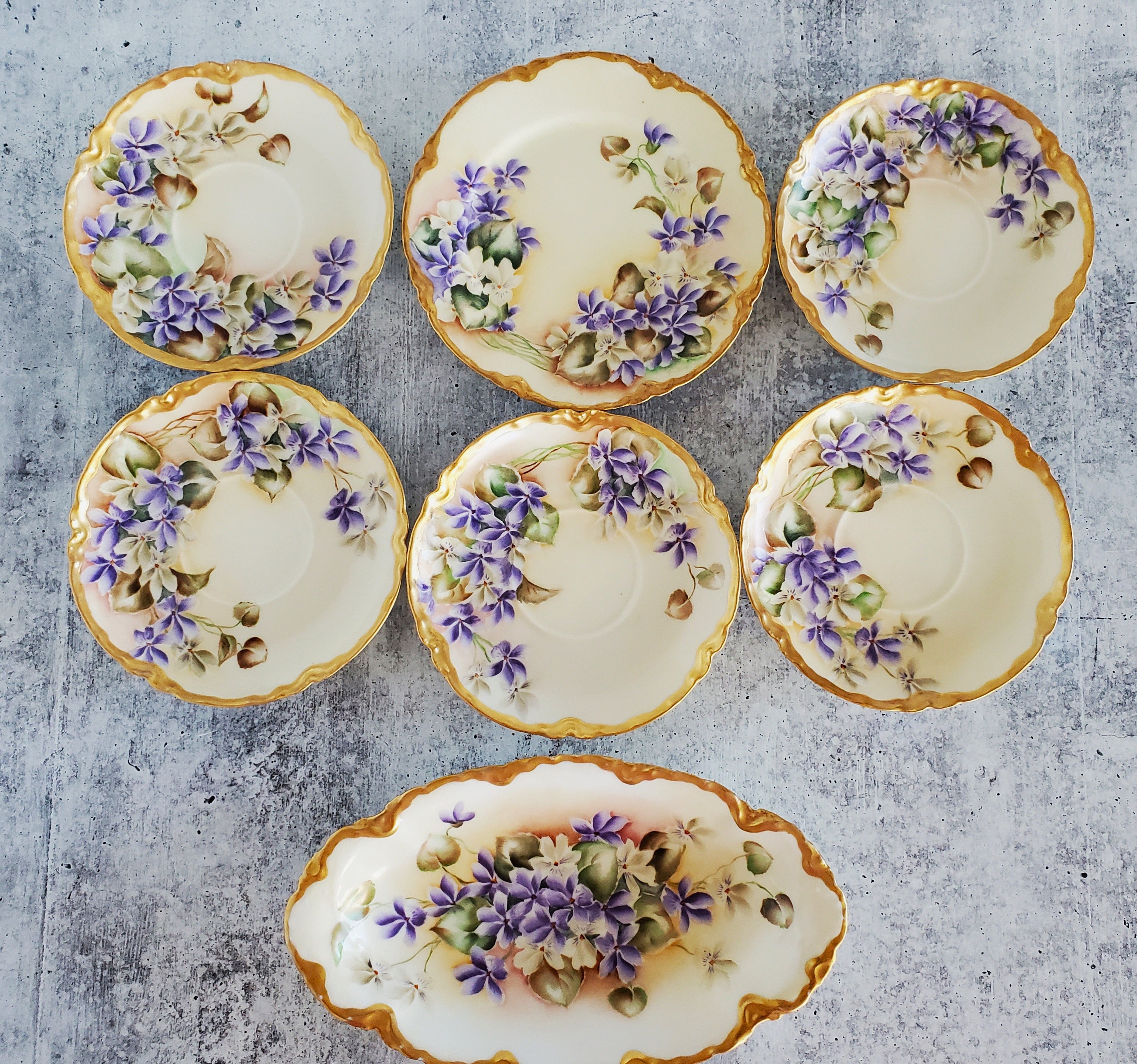 HANDPAINTED HAVILAND Violets Schleiger 1 Blank 1908 6 Pc Set HANDPAINTED HAVILAND Violets Schleiger 1 Blank 1908 6 Pc Set