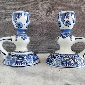 CANDLESTICK HOLDERS ~ Royal Delft ~ De Porcelyne Fles ~ Delft Blue ~ Blue & White ~ 1970s ~ Set of 2 ~ Delftware ~ Collectible ~ Dutch