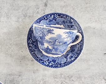 MASON'S VISTA BLUE ~ Joke Cup & Saucer Set ~ 1890-1973 ~ Blue Transferware ~ Collectible ~ Jumbo Cup ~ Magnum Cup ~ Oversized Teacup/Saucer