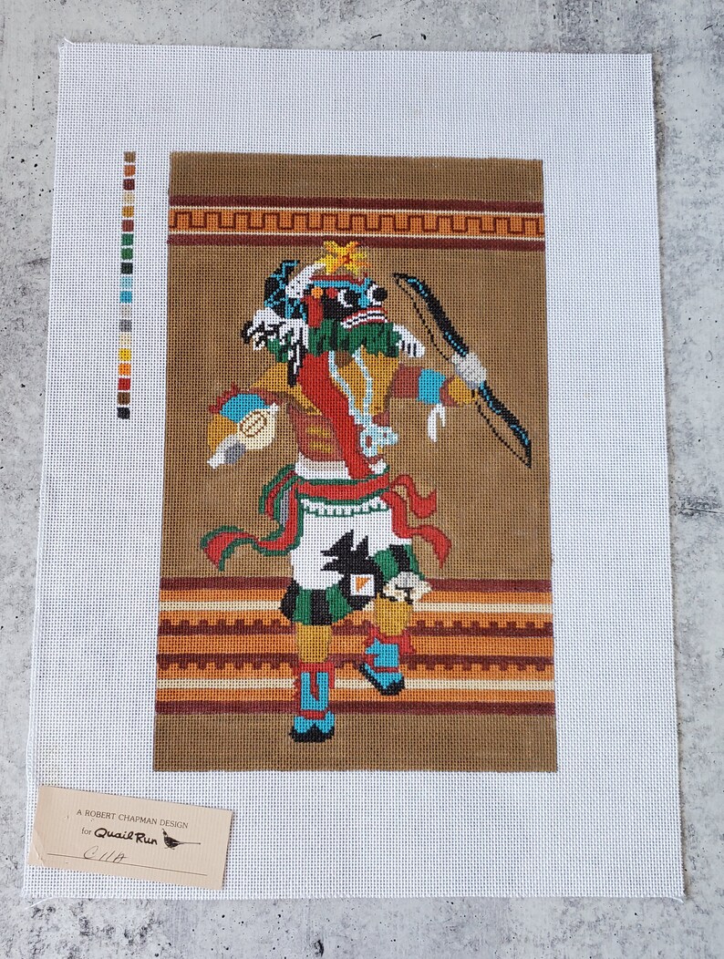 Robert Chapman Design Lot Of 4 Kachina Needlepoint Canvases Quail Run Kachina Designs Southwestern Hopi Kachina Vintage Needlepoint Sewing Fiber Craft Supplies Tools