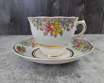 COLCLOUGH TEACUP & SAUCER ~ #6569 ~ Vintage Teacup ~ Blue Band ~ Multi Colored Floral ~ Collectible Teacup ~ Gift for Her