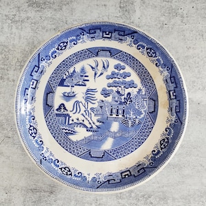 FOOTED CAKE PLATE ~ John Meir & Sons ~ Blue Willow ~ 1837-1897 ~ Tazza ~ Antique Transferware ~ Blue Transferware ~ Chinoiserie ~Collectible