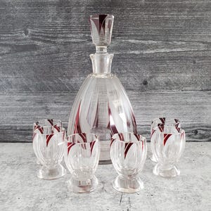ART DECO SET ~ Liqueur Decanter Set ~ Bohemian ~ Czech ~ 7 pc. Set ~ 1930s ~ Crystal ~ Red/Frosted Geometric Designs ~ Collectible